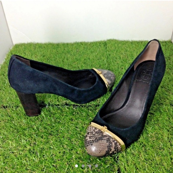 TORY BURCH Black Pacey Snake Pump Block Heels 6.5 - Picture 1 of 4